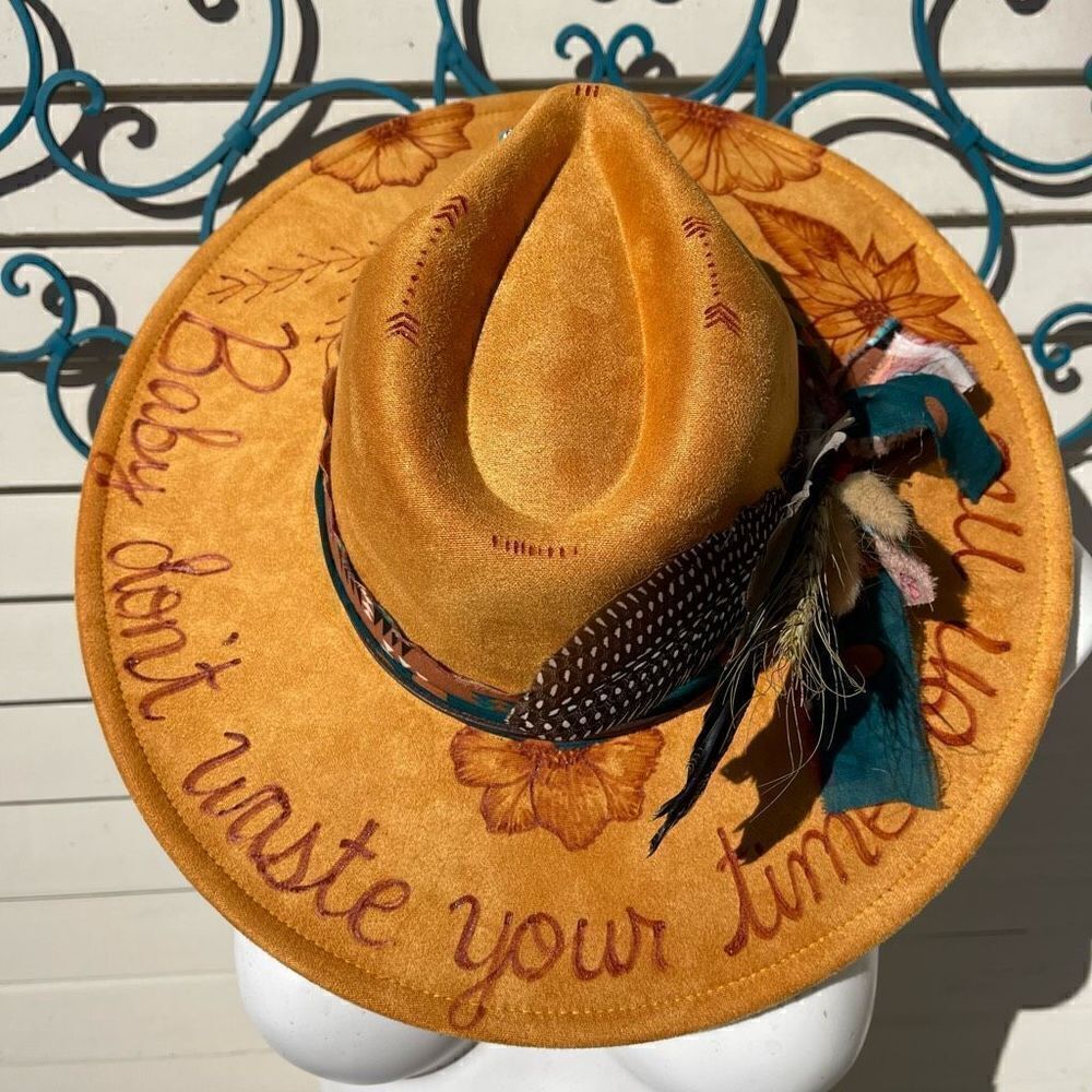 Hand Burned Hat | Wide Brim Hat | Branded Hat | wildflowers faux suede hat | Don